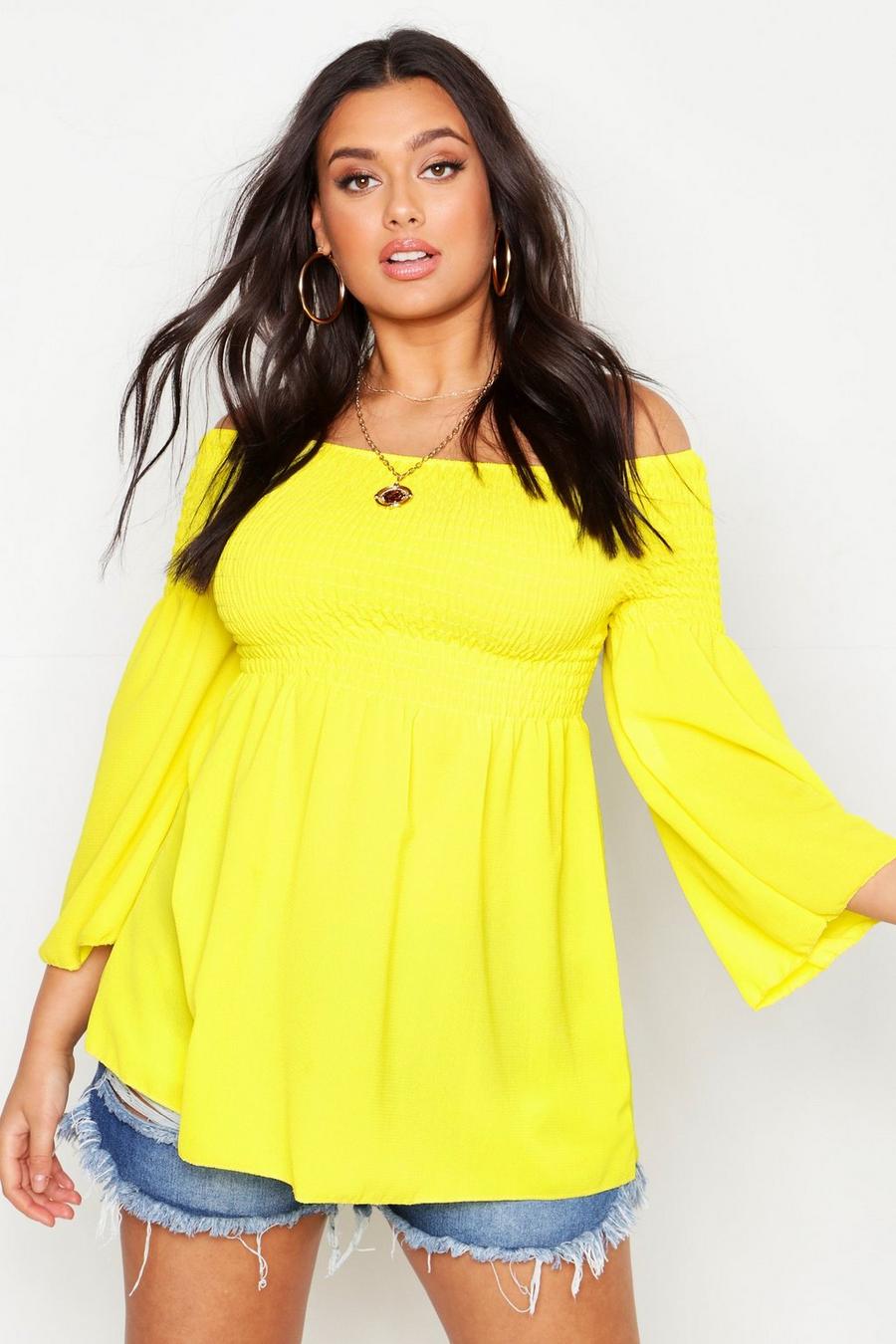 Yellow Plus Shirred Off Shoulder Smock Top image number 1