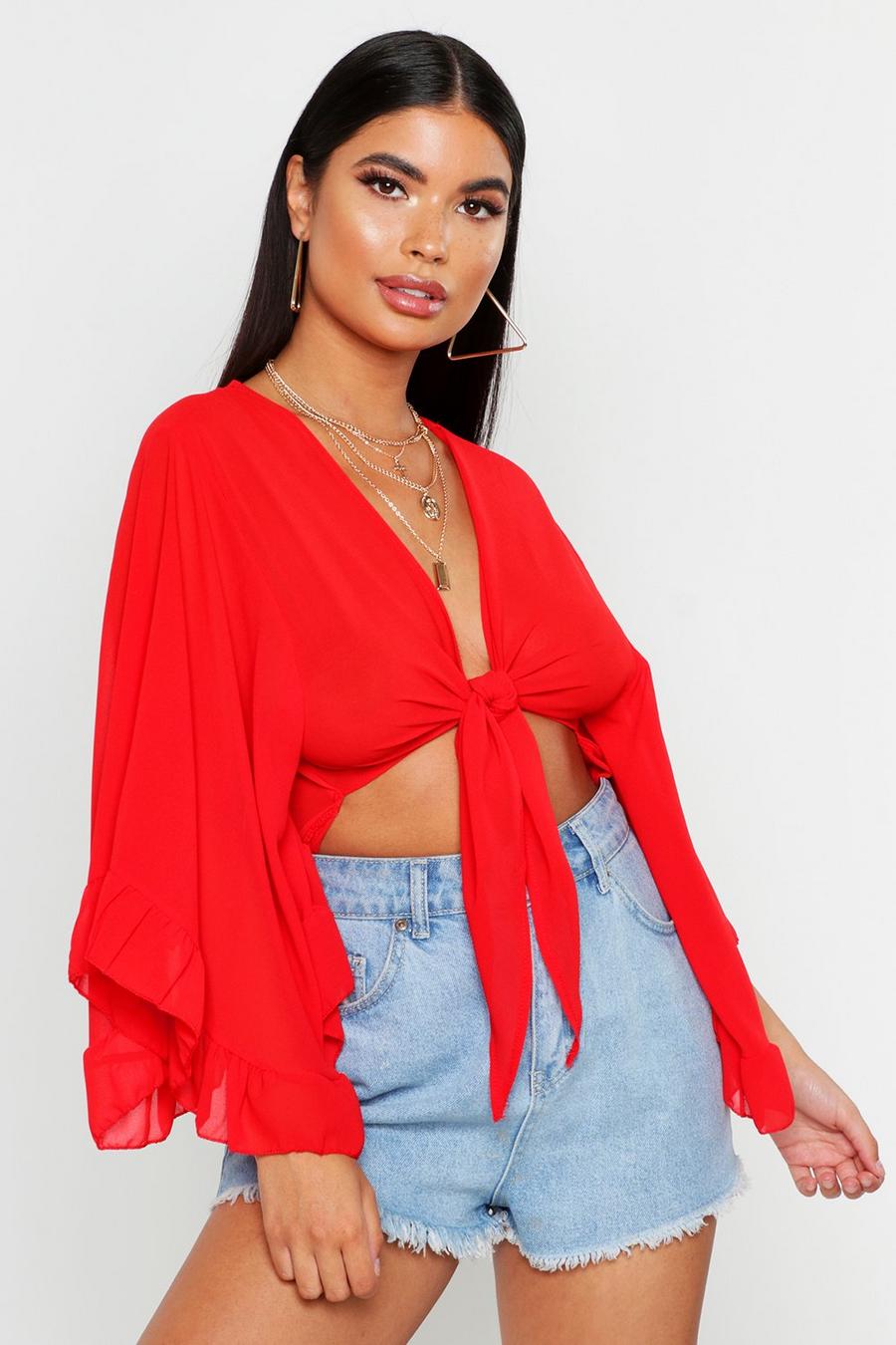 Red Petite Ruffle Sleeve Tie Front Top image number 1