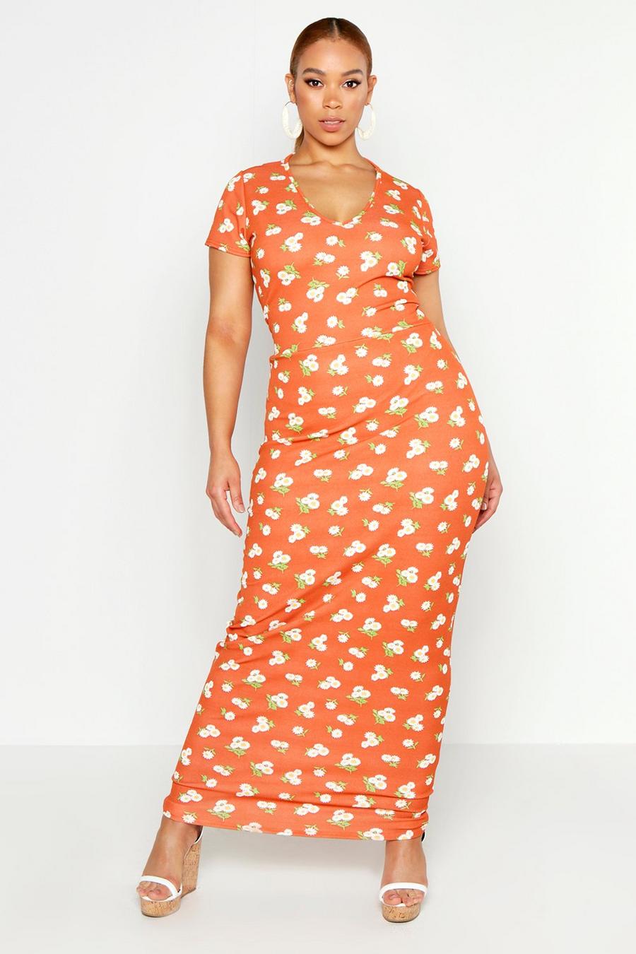 Orange Plus Large Scale Floral Cap Sleeve Maxi Dress image number 1