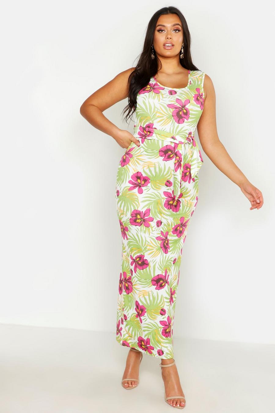 Plus Floral Palm Scoop Neck Maxi Dress image number 1