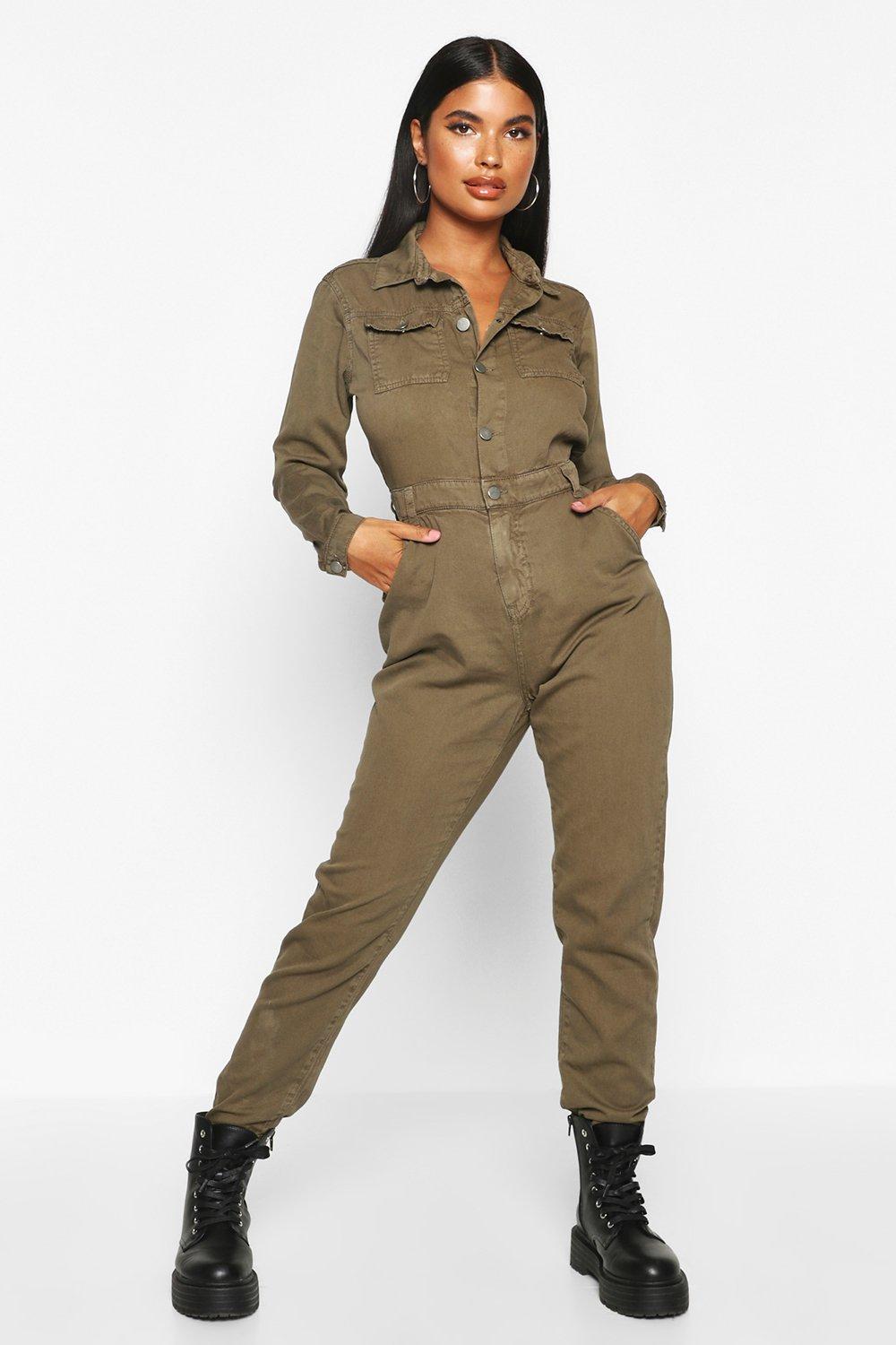 beige denim jumpsuit