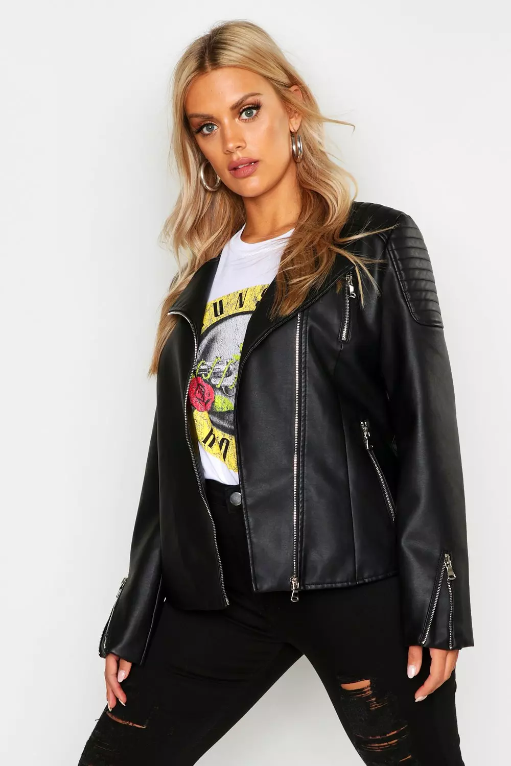 Collarless leather clearance biker jacket