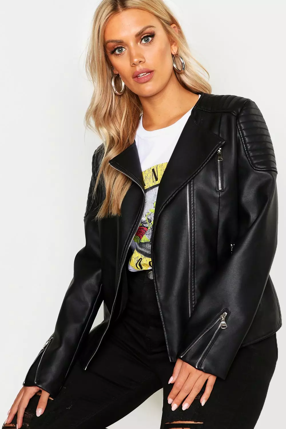 Collarless faux sale leather biker jacket