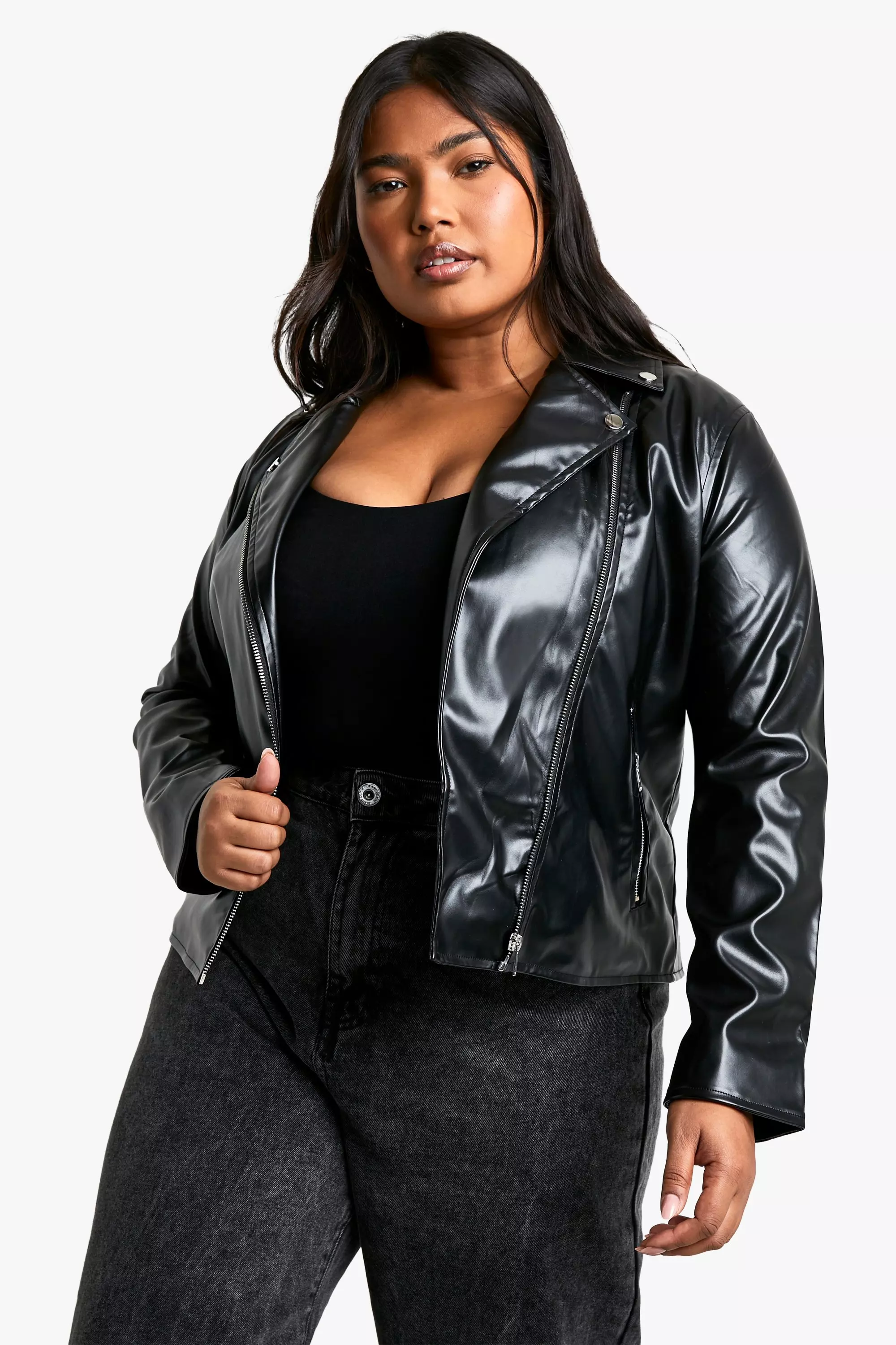 Leather look sale biker jacket womens