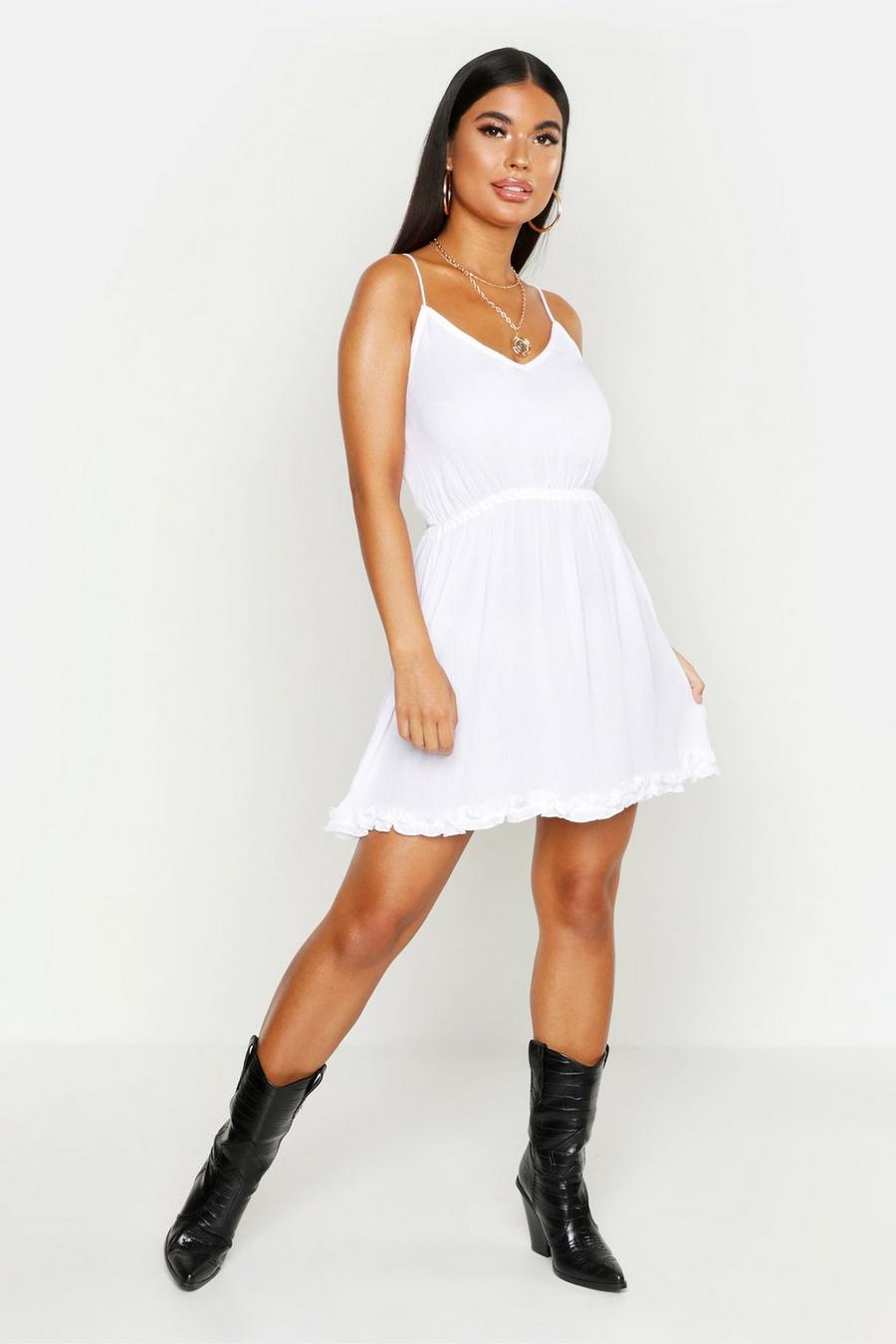 White Petite Spaghetti Strap Cheesecloth Smock Dress image number 1
