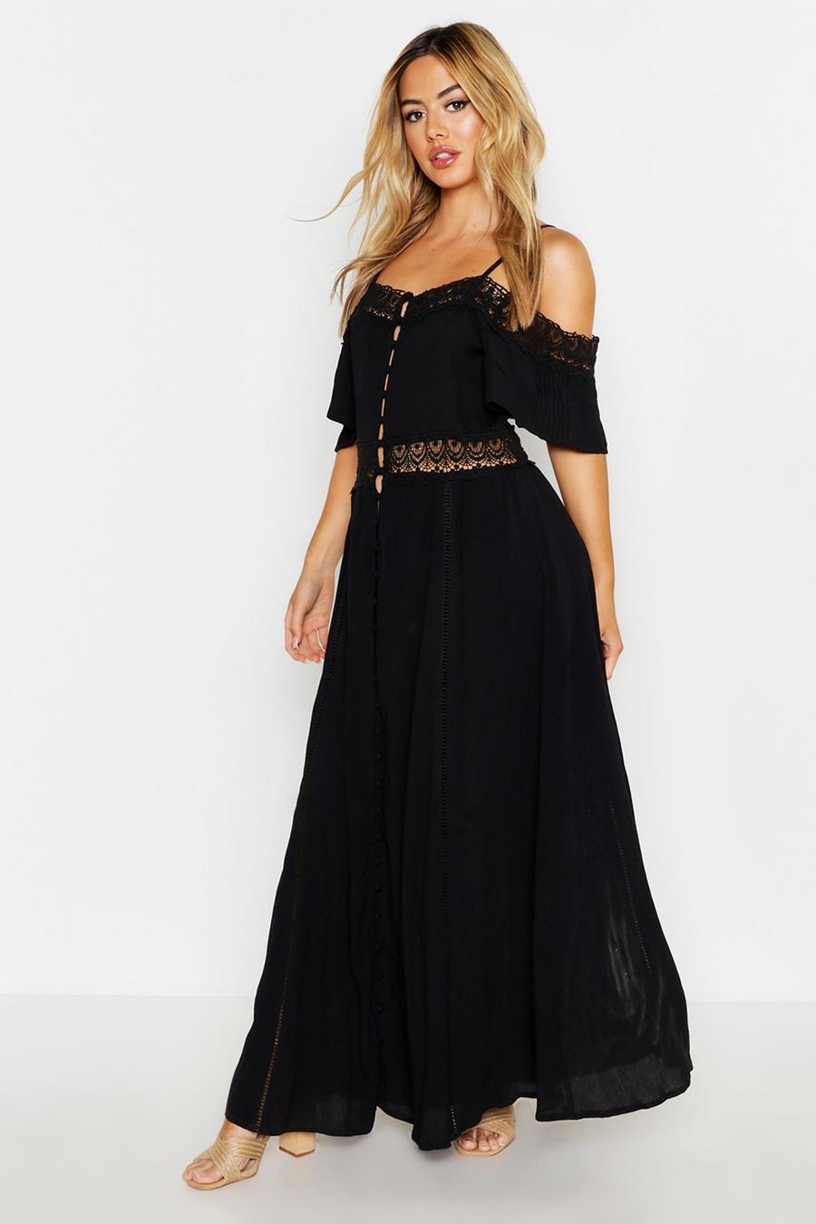 Black Petite Lace Bardot Cheesecloth Button Maxi Dress image number 1
