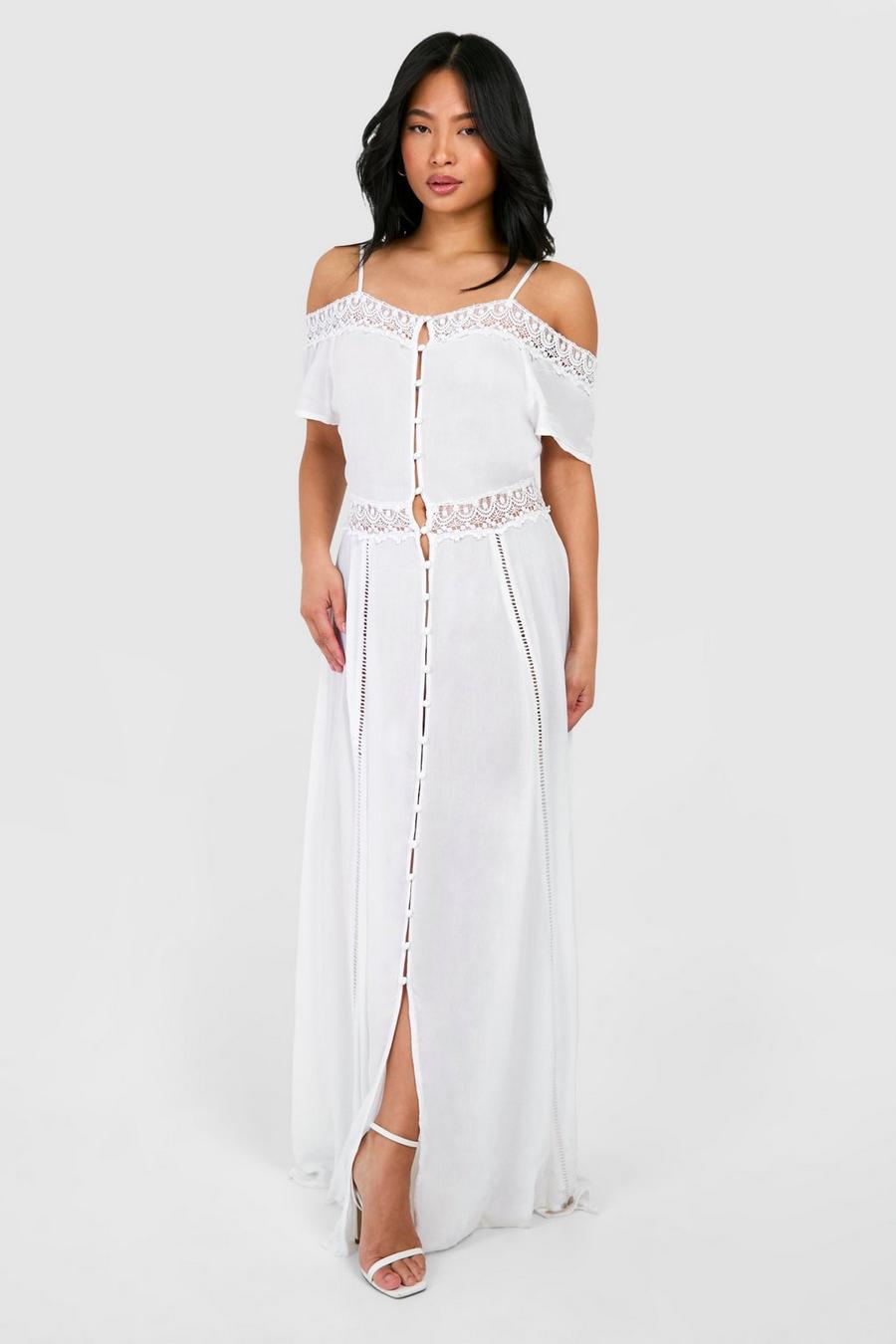 White Petite Lace Off The Shoulder Cheesecloth Button Maxi Dress