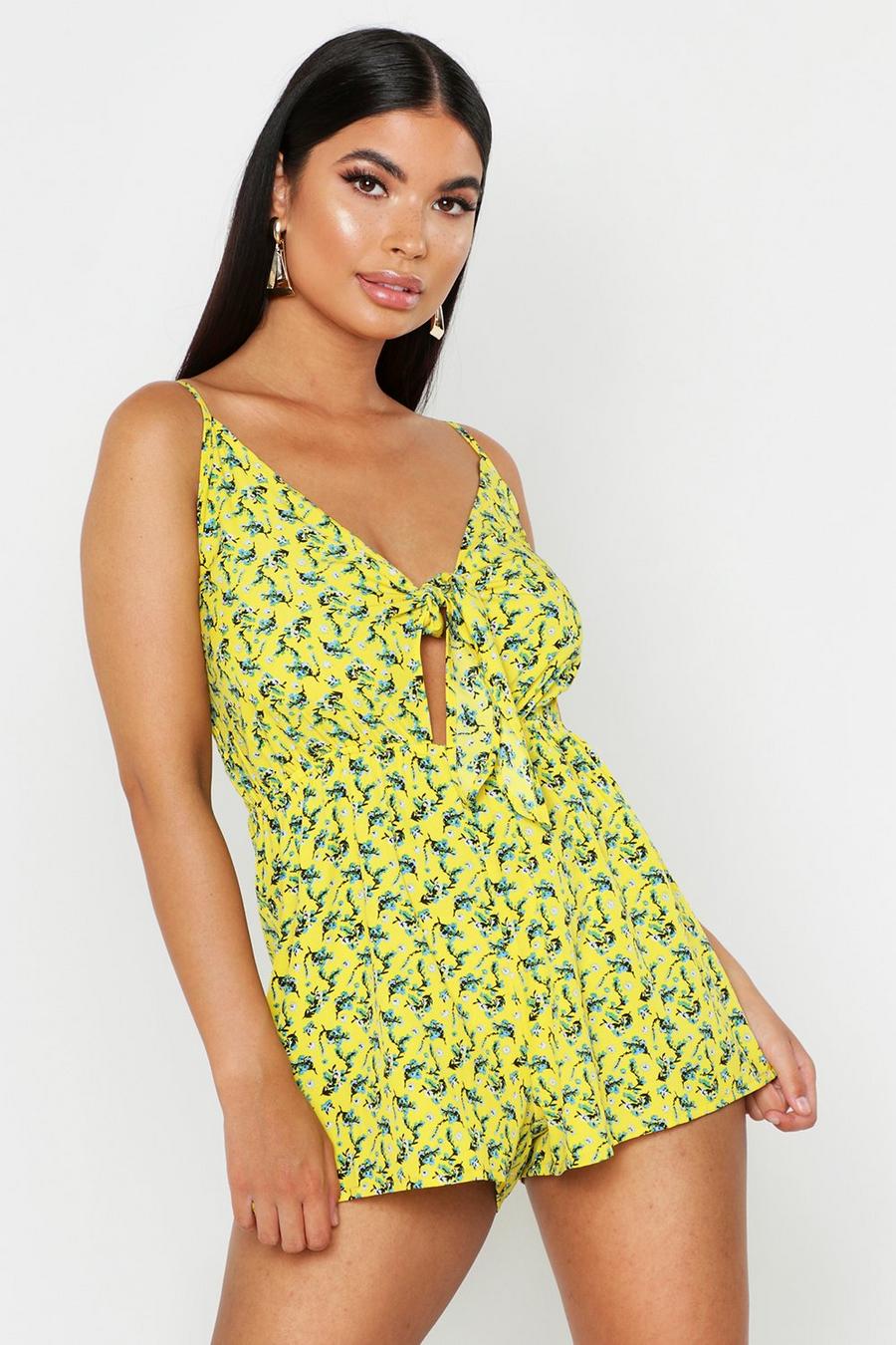 Chartreuse yellow Petite Floral Tie Front Strappy Playsuit image number 1
