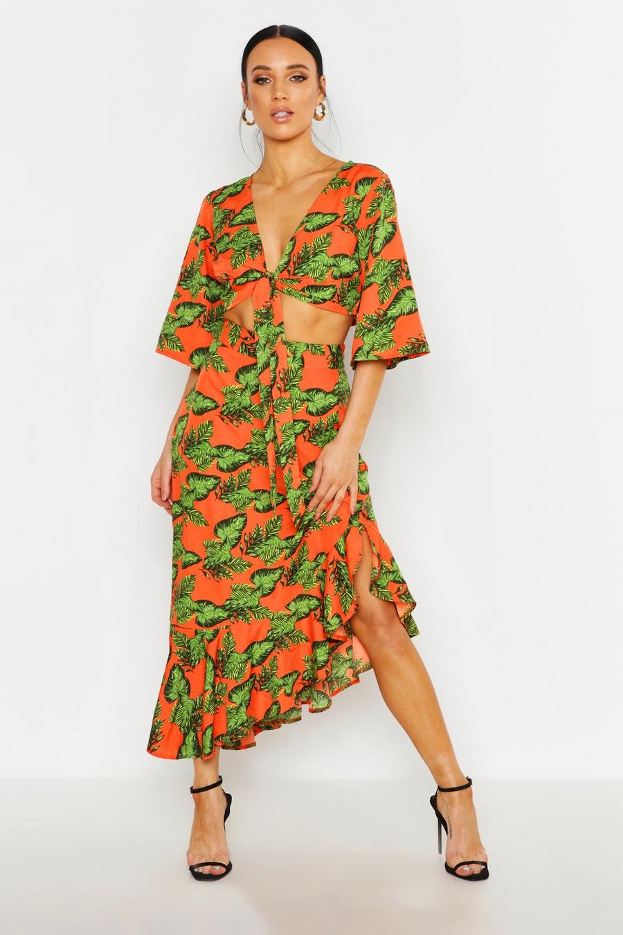 Petite Tropical Print Tie Front Top Skirt Co-Ord image number 1