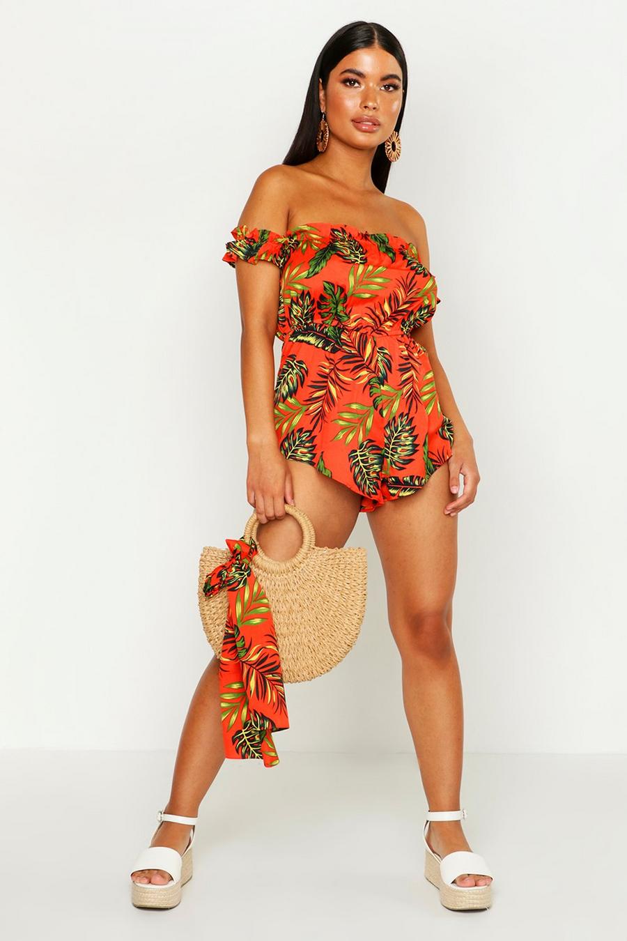 Red Petite Frill Sleeve Detail Tropical Print Romper image number 1