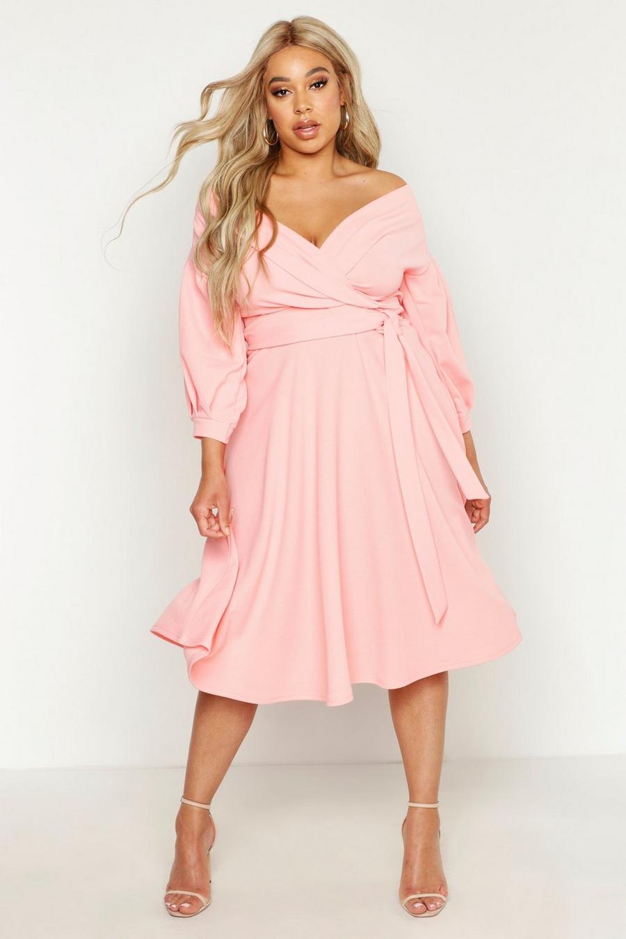 Coral blush pink Plus Off Shoulder Wrap Midi Dress image number 1