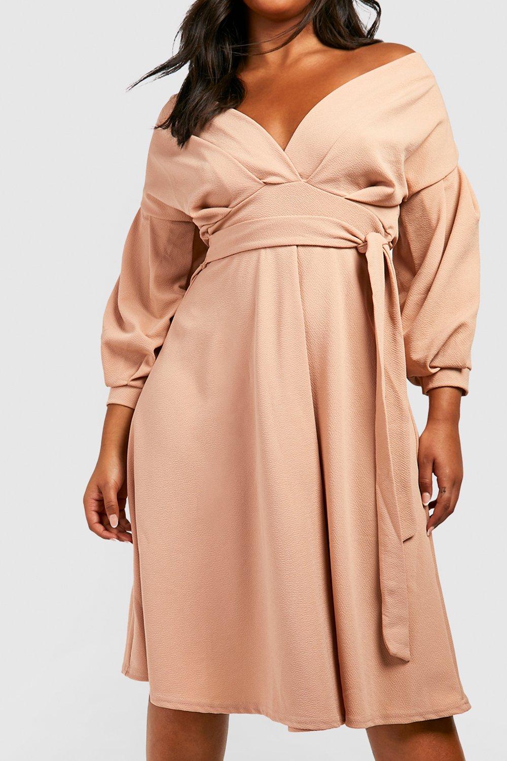 off the shoulder midi wrap dress