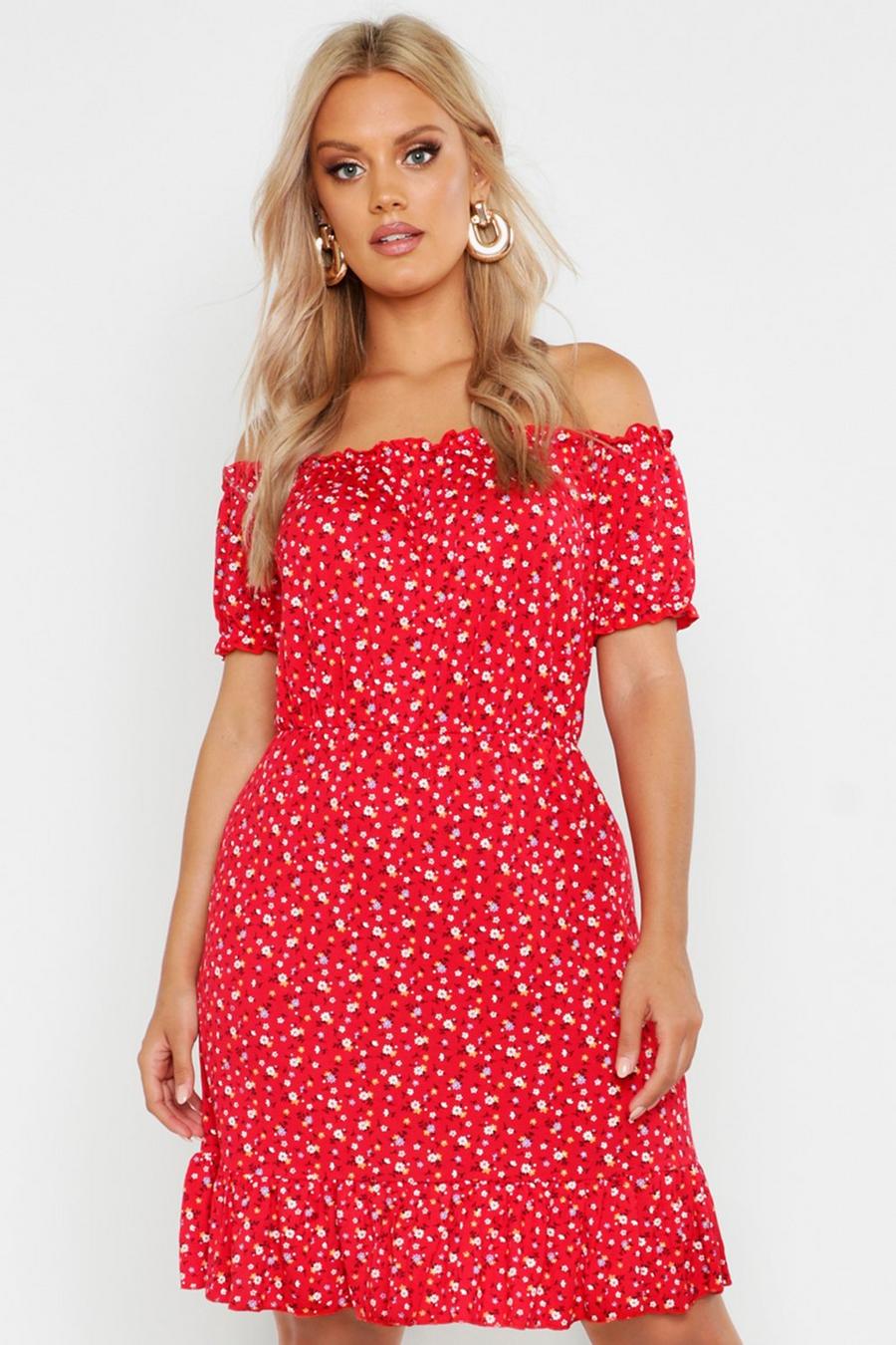 Red Plus Ditsy Floral Ruffle Off The Shoulder Skater Dress