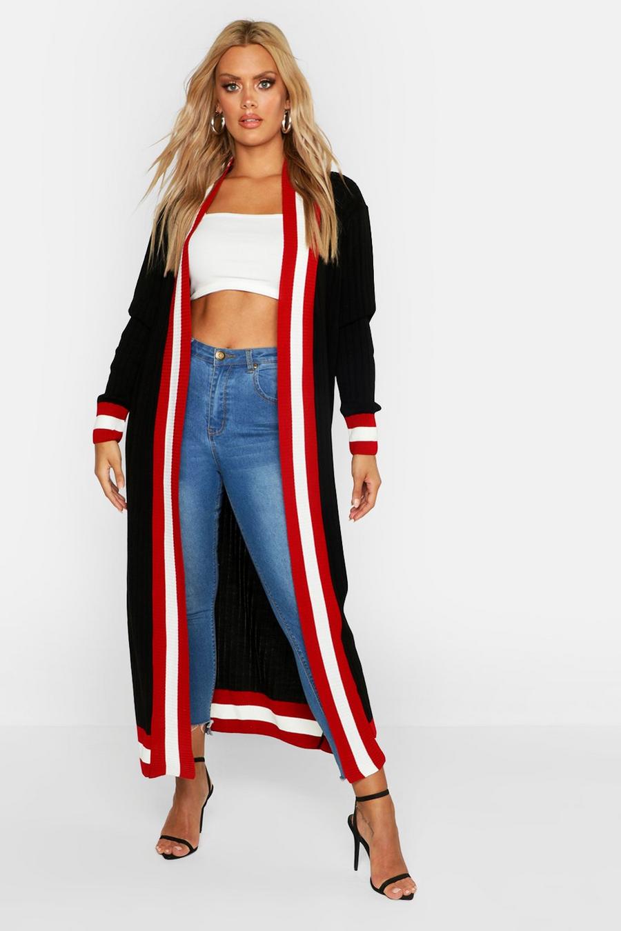 Black Plus Stripe Maxi Length Cardigan