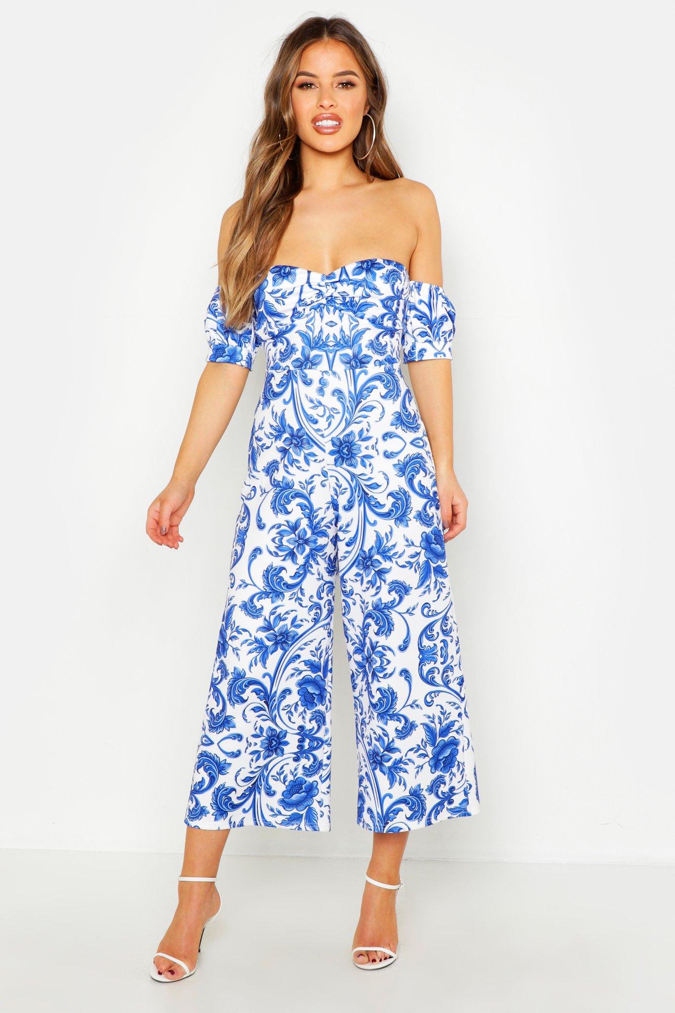 Petite Off The Shoulder Porcelain Print Jumpsuit