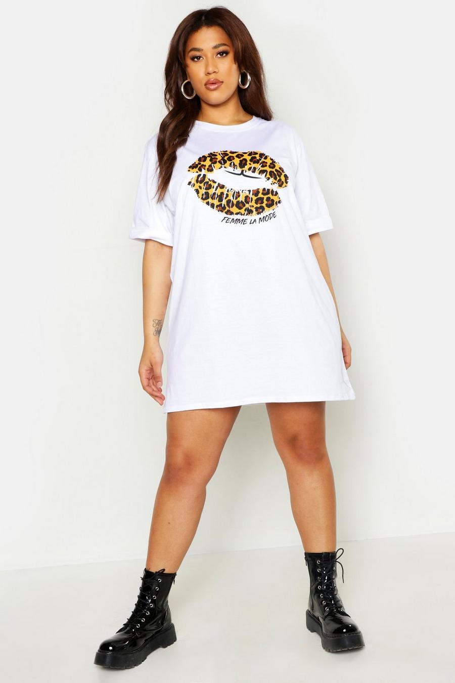 Plus T-Shirt-Kleid mit Lippen-Print mit Leopardenmuster, Weiß image number 1