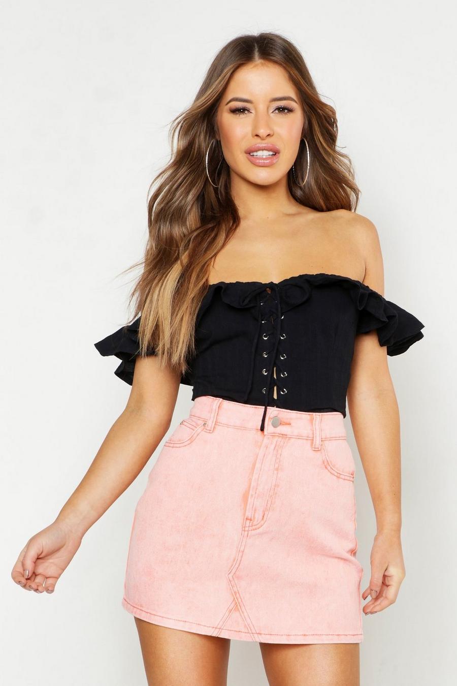 Black Petite Cotton Feel Lace Up Off The Shoulder Top image number 1