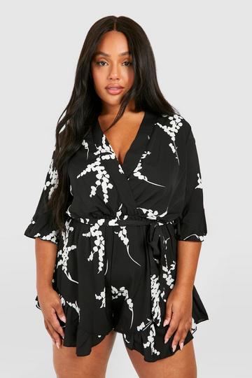 Plus Abstract Floral Print Ruffle Tie Romper black