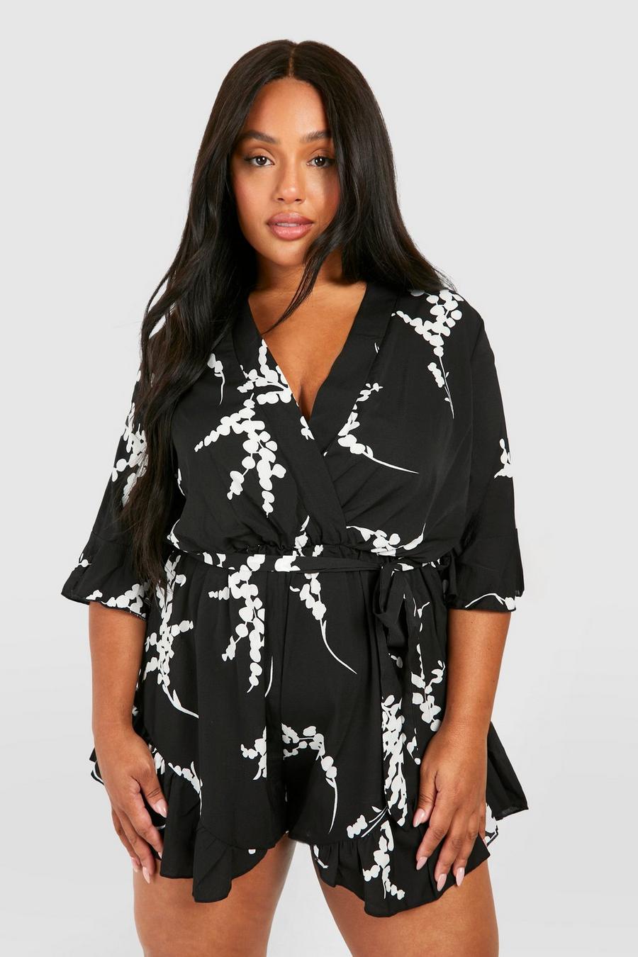 Black Plus Abstract Floral Print Ruffle Tie Romper image number 1