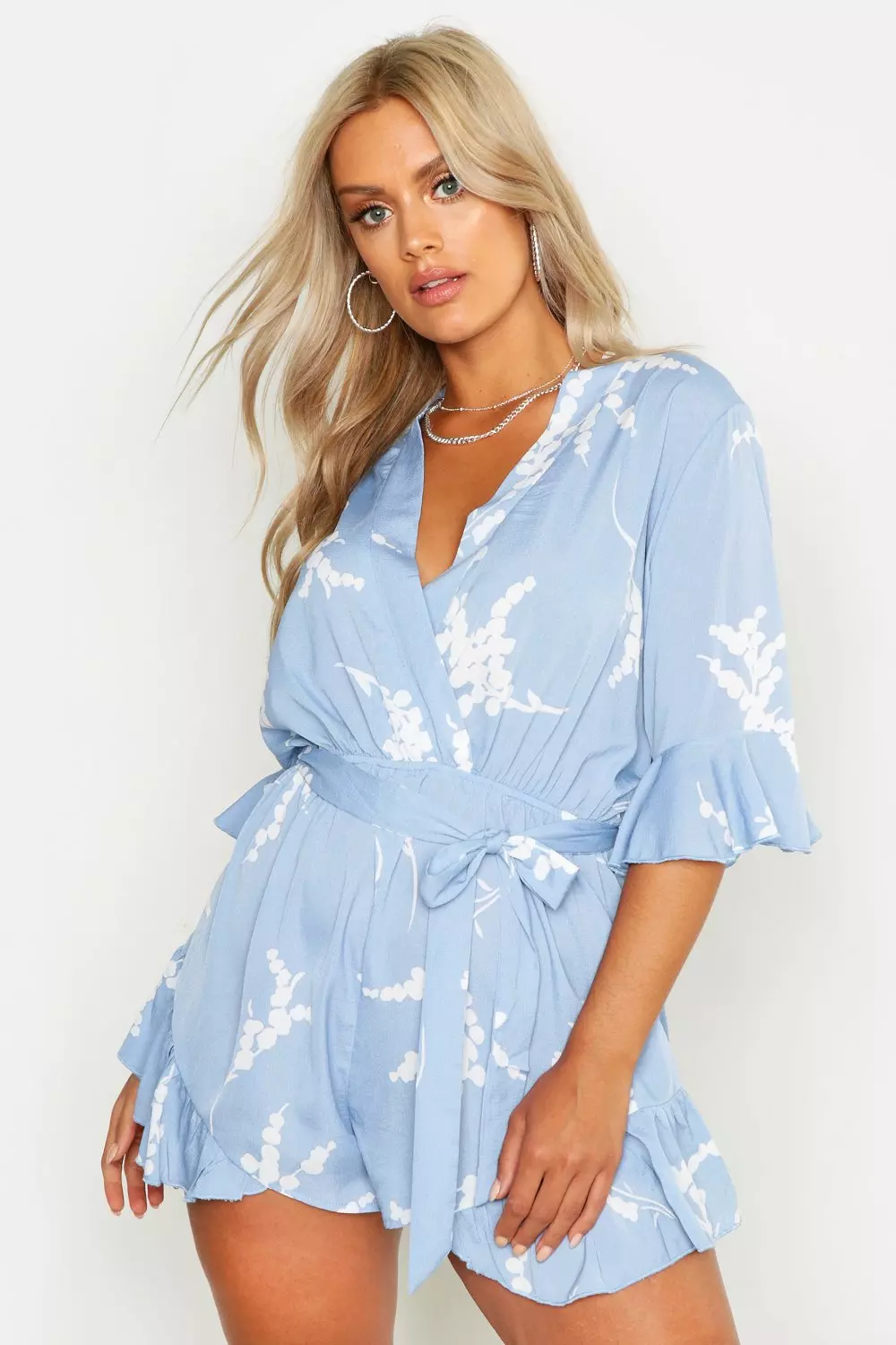 Blue Plus Abstract Floral Print Ruffle Tie Playsuit alternative image