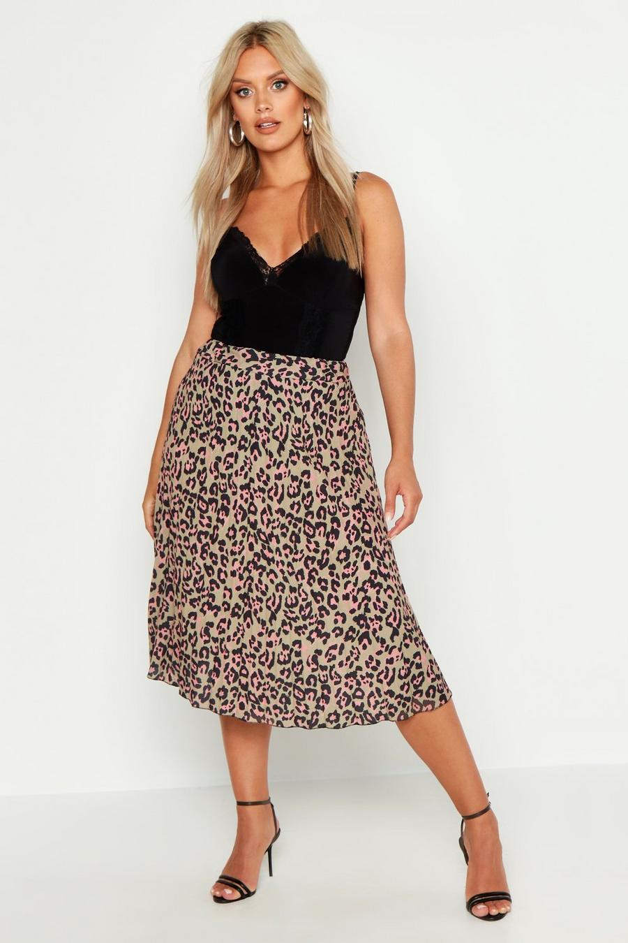Brown Plus Leopard Print Pleated Midi Skirt