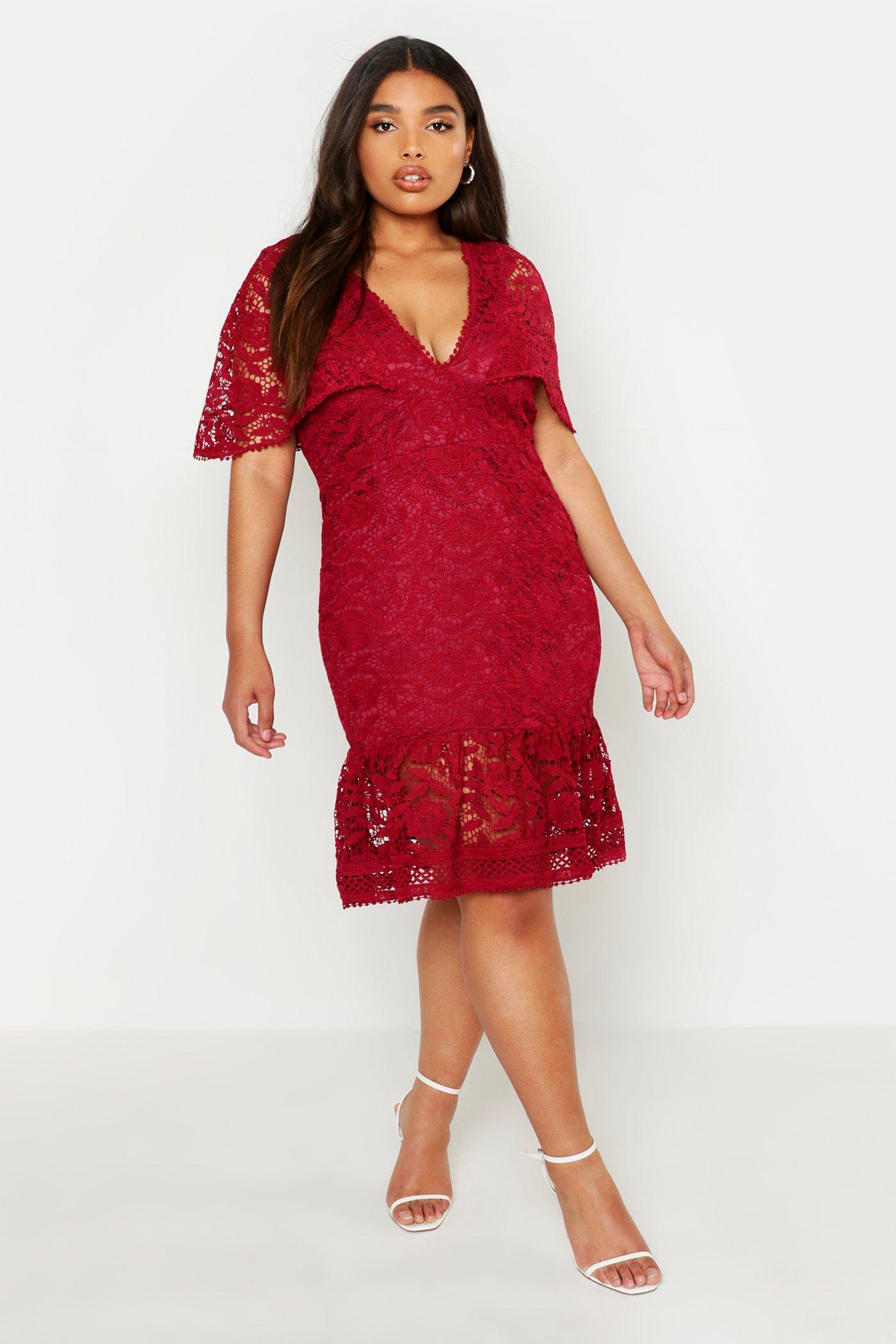 Red lace frill hem midi dress store