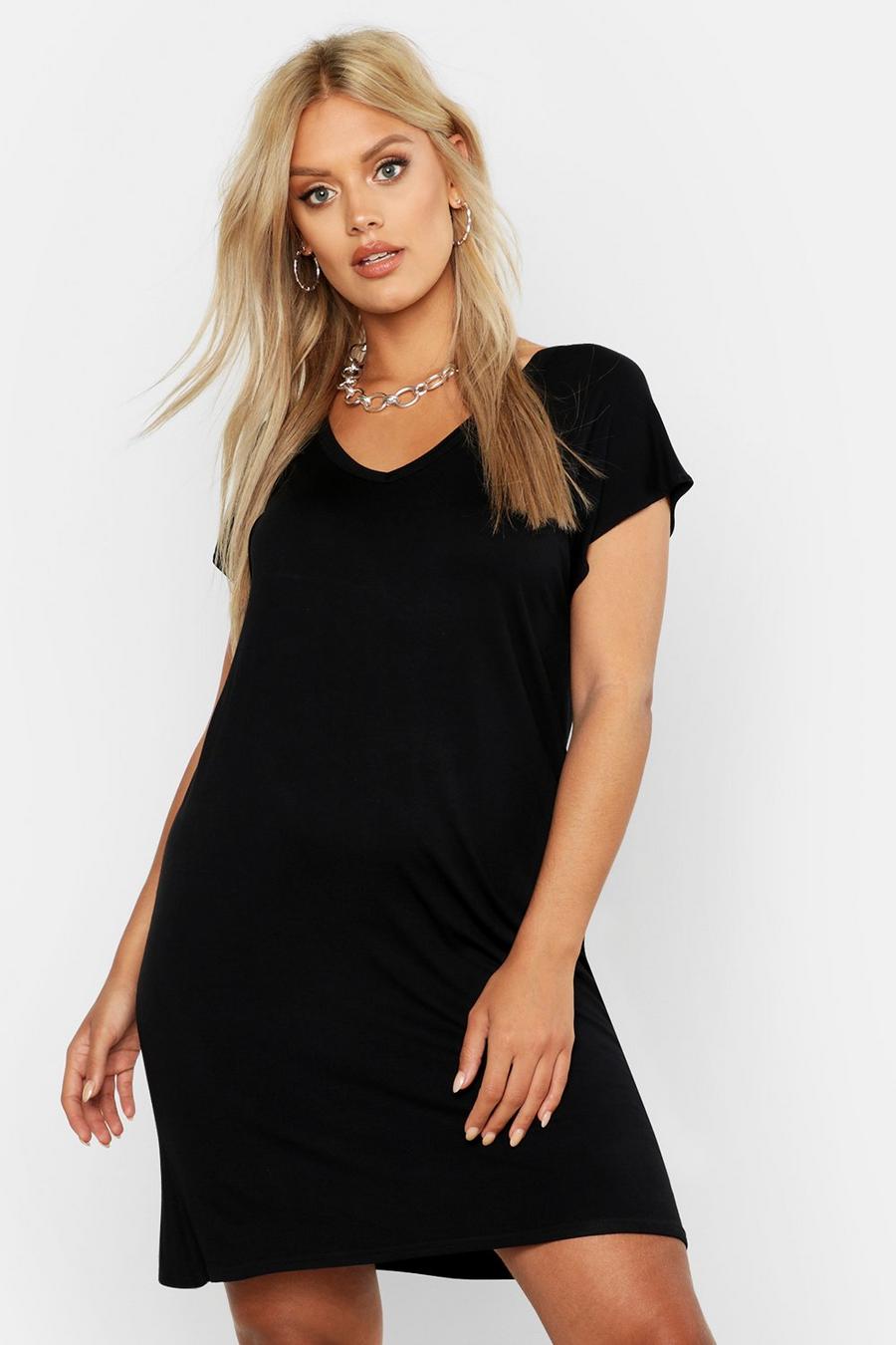 Plus Basic T-Shirt-Kleid mit V-Ausschnitt und Keyhole-Ausschnitt, Schwarz noir