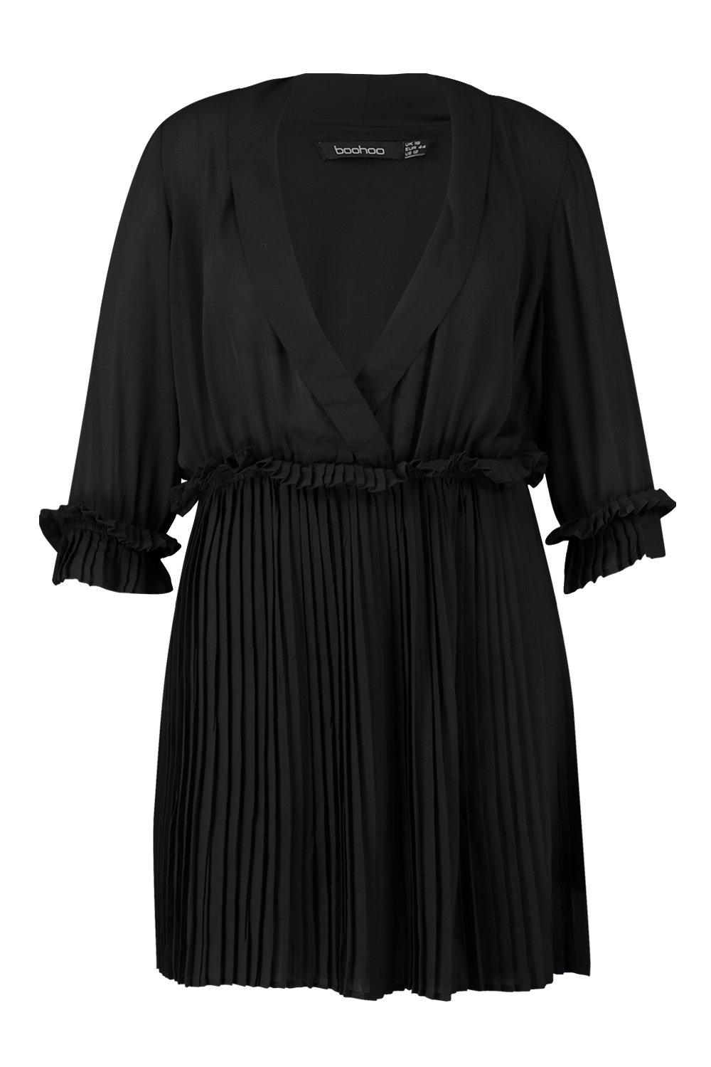 Plus Size Sexy Black Deep V Neck Long Sleeve Pleated Ribbon Fabric Party  Mini Dress - Karanube