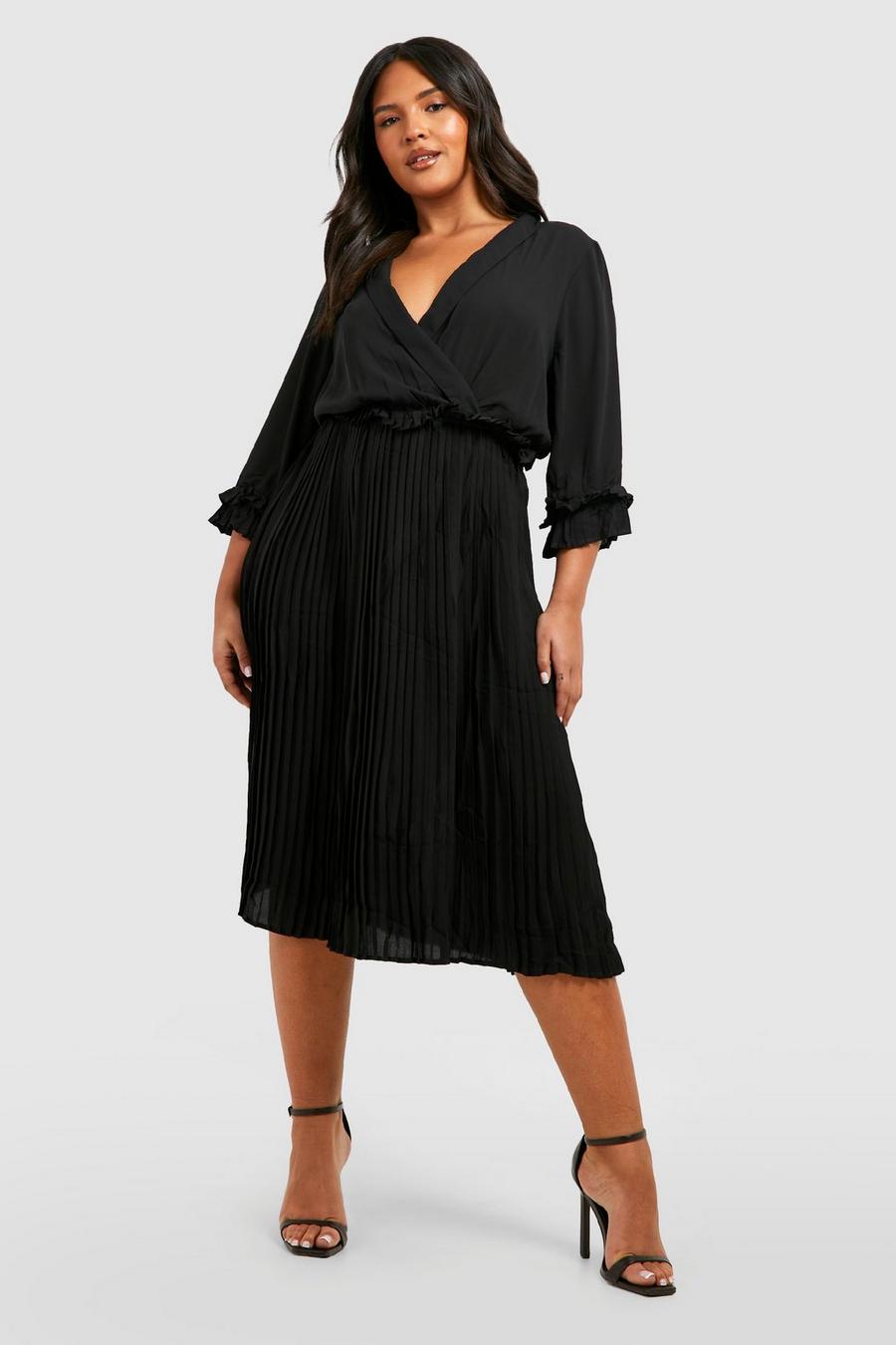 Black svart Plus - Midiklänning med plisserad kjol och volanger image number 1