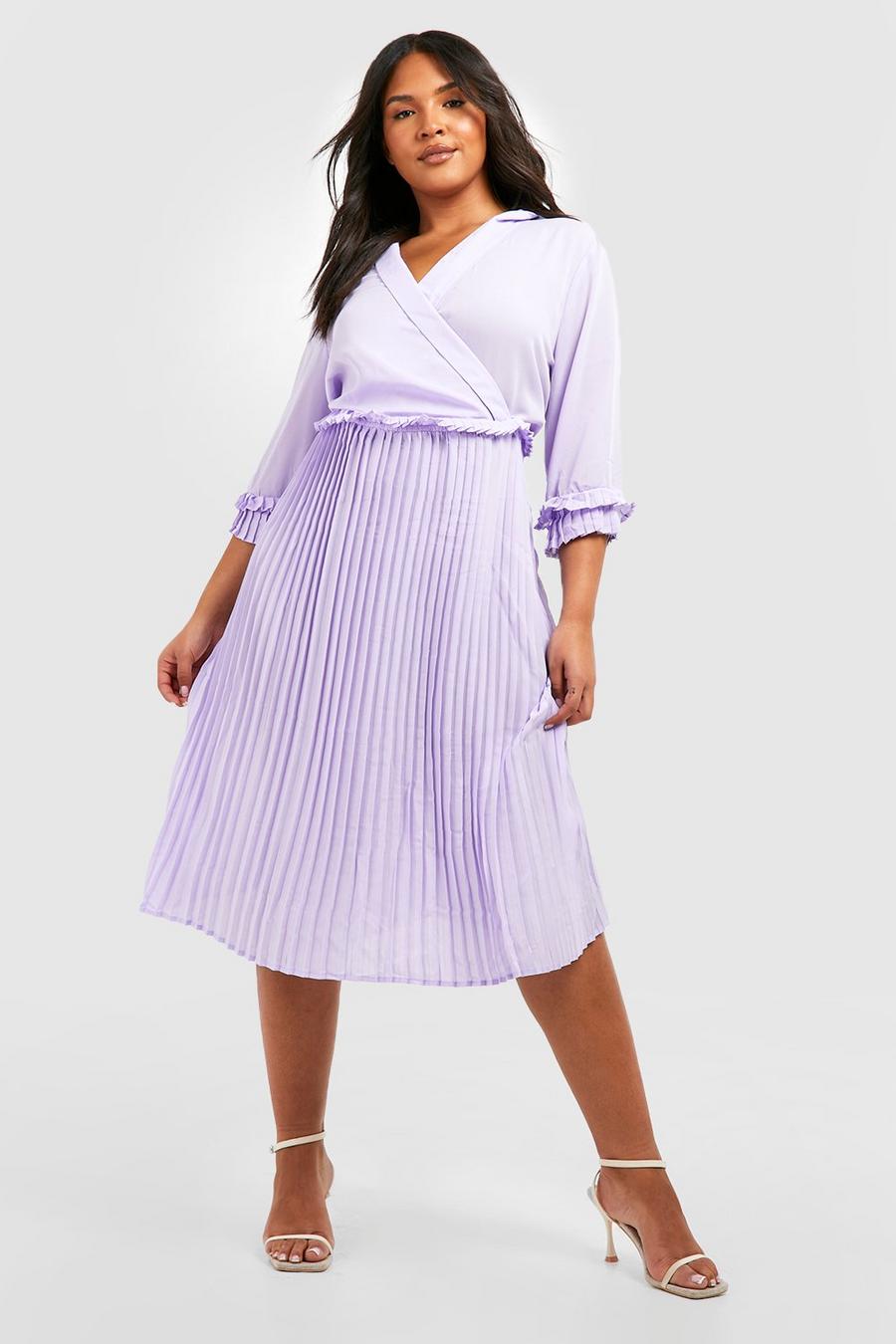 Lilac Plus Midiklänning med plisserad kjol och volanger image number 1
