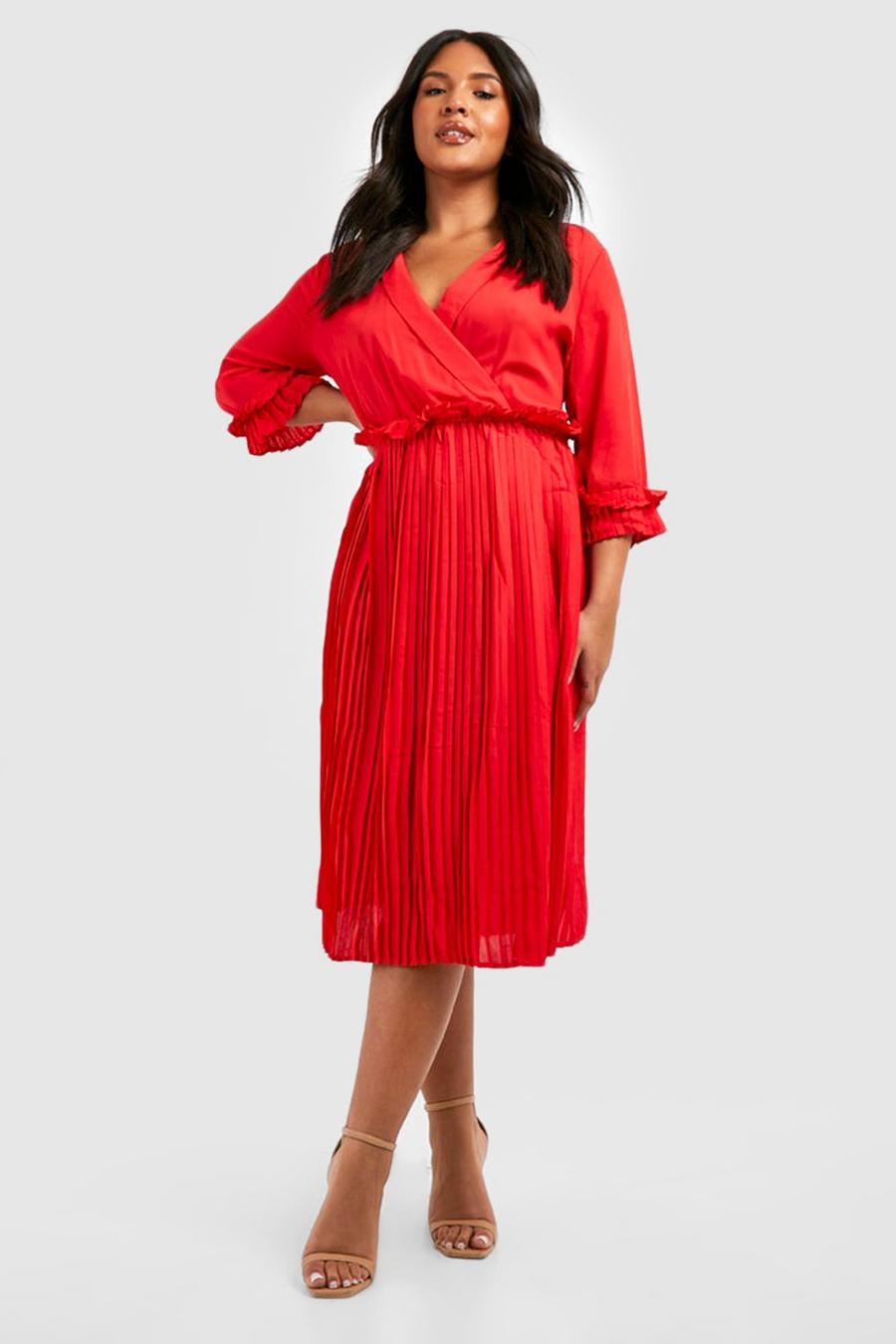 Red Plus Ruffle Detail Pleated Midi Dress image number 1