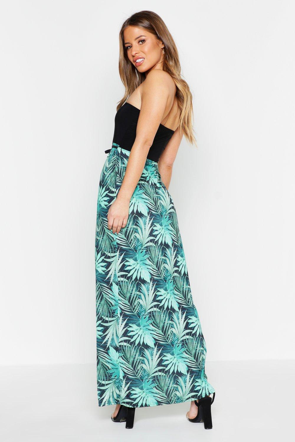 Petite Palm Print Bandeau Maxi Dress | boohoo