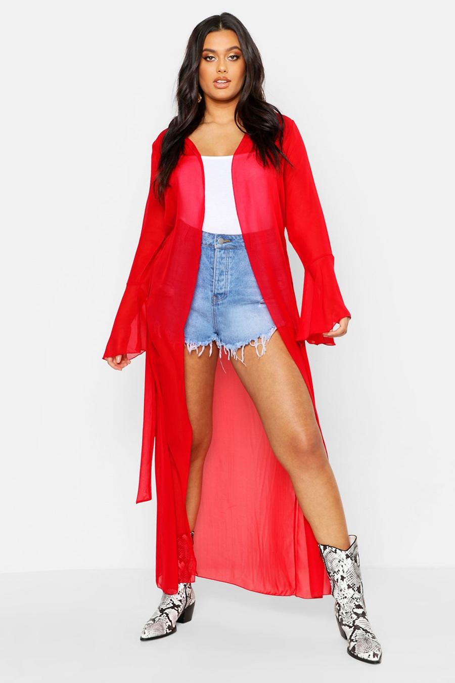Red Plus Flute Sleeve Belted Maxi Kimono image number 1