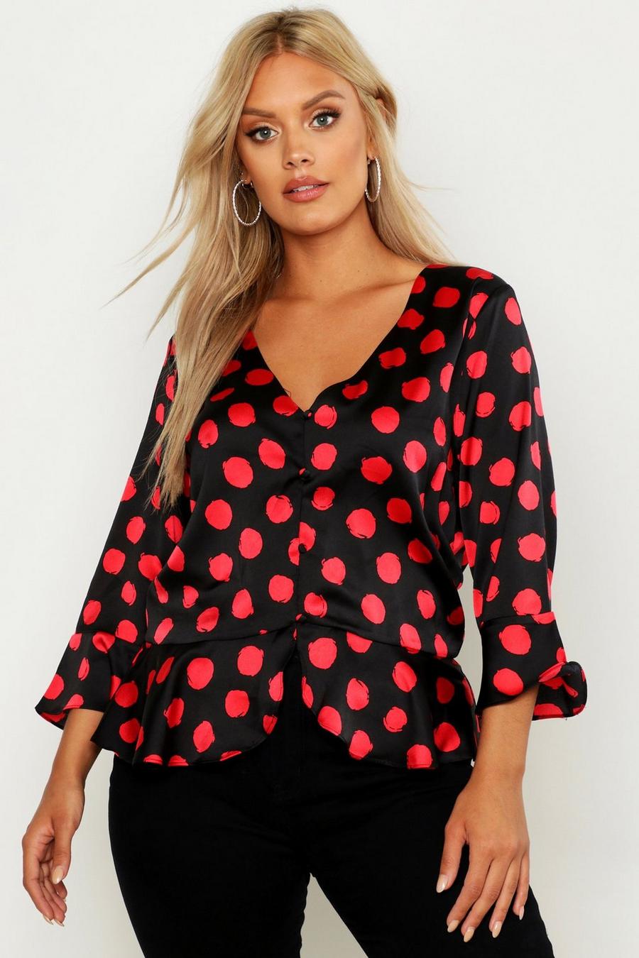 Plus Satin Smudge Polka Dot Tie Front Blouse image number 1