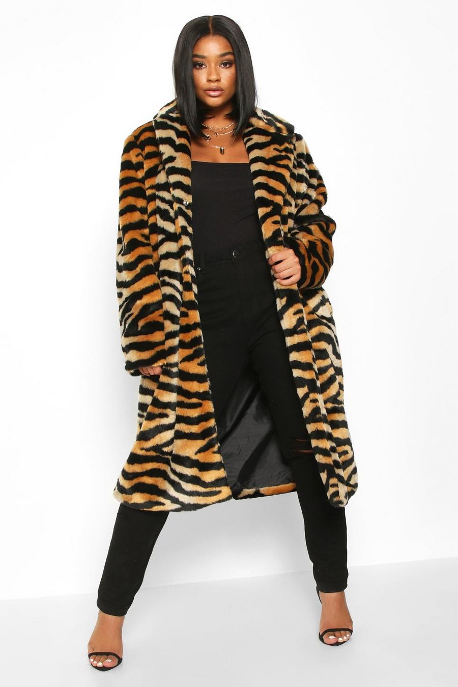 Brown Plus Tiger Print Faux Fur Coat image number 1