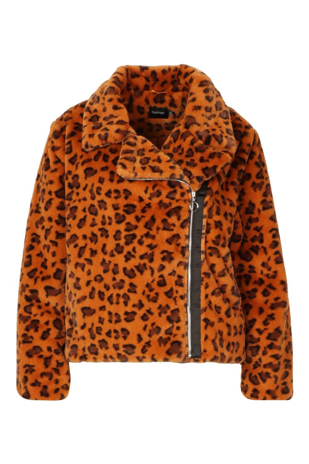 Plus Leopard Print Faux Fur Aviator Jacket