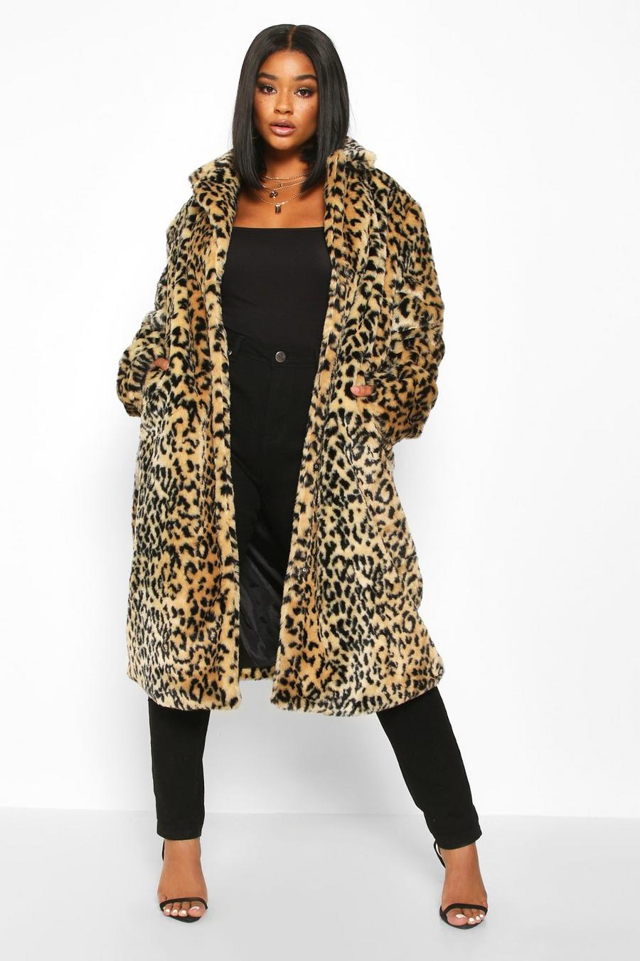 Brown Plus Leopard Print Faux Fur Coat image number 1