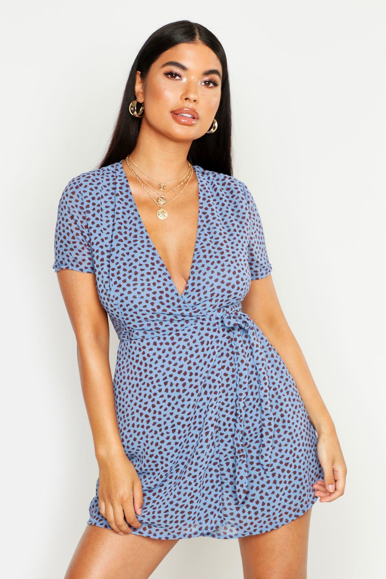 blue spot wrap dress