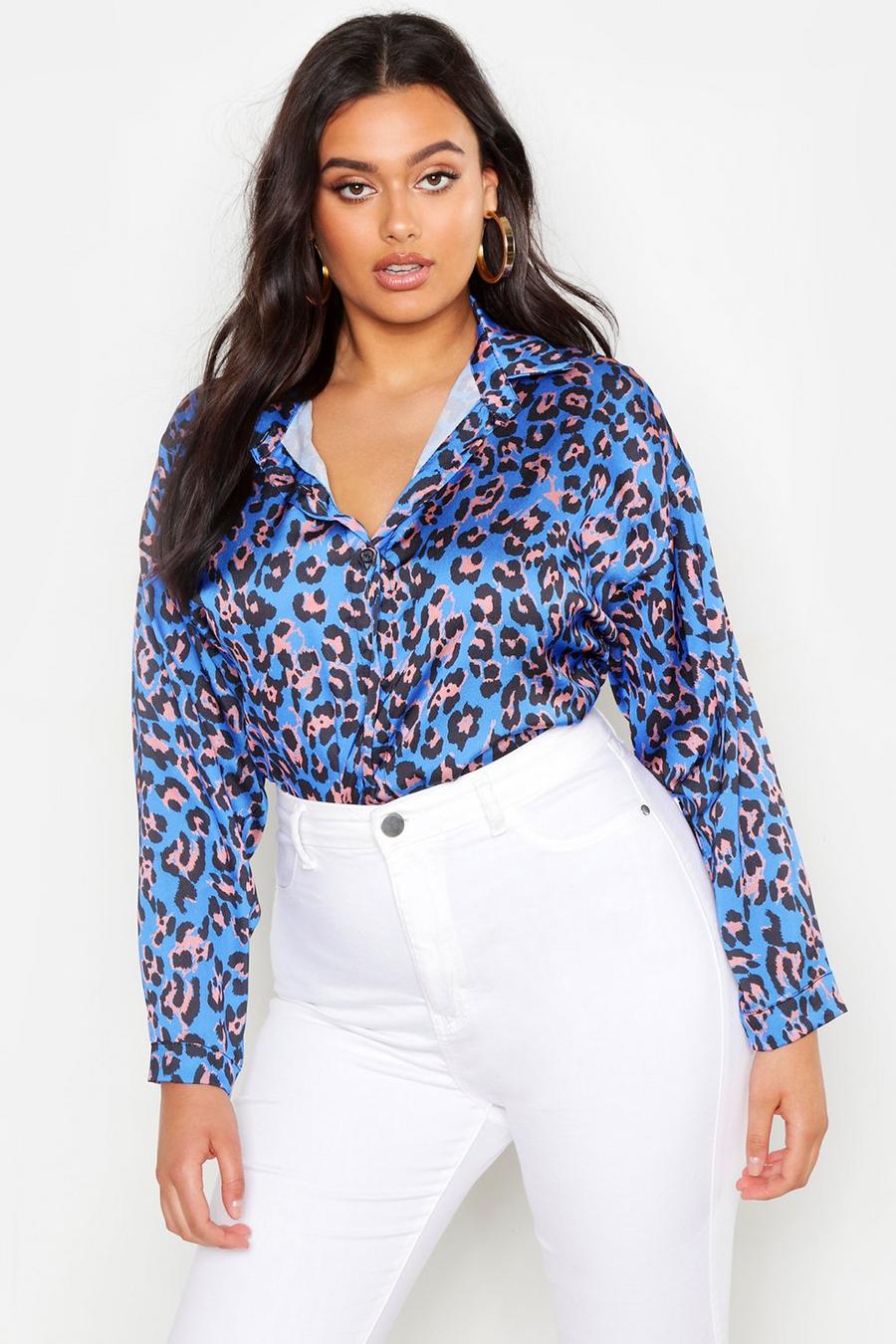 Plus Oversized Satin Leopard Shirt image number 1