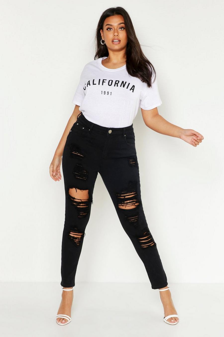 Black Plus Distressed High Waisted Stretch Skinny Jeans image number 1