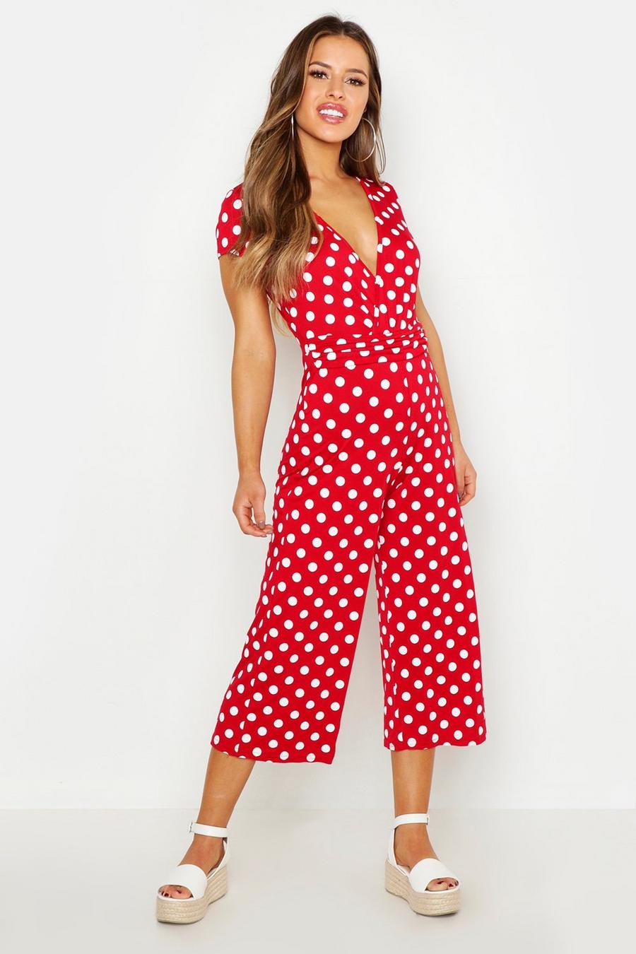 Red Petite Polka Dot Wrap Front Culotte Jumpsuit image number 1