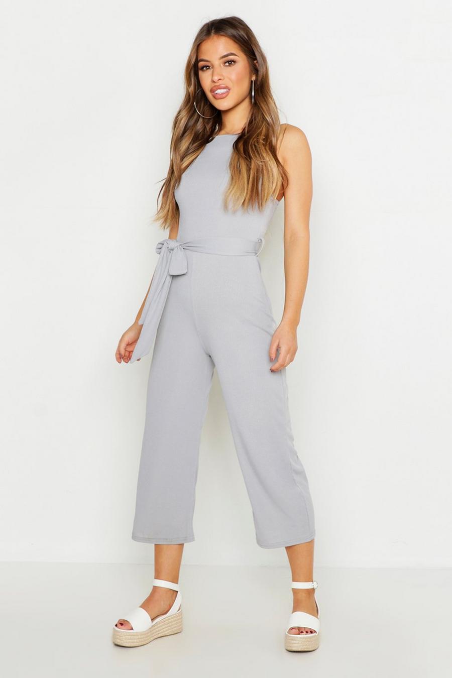 Silver Petite High Neck Belted Rib Culotte Jumpsuit image number 1