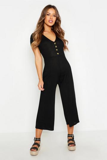 Petite Rib Mock Horn Button Culotte Jumpsuit black