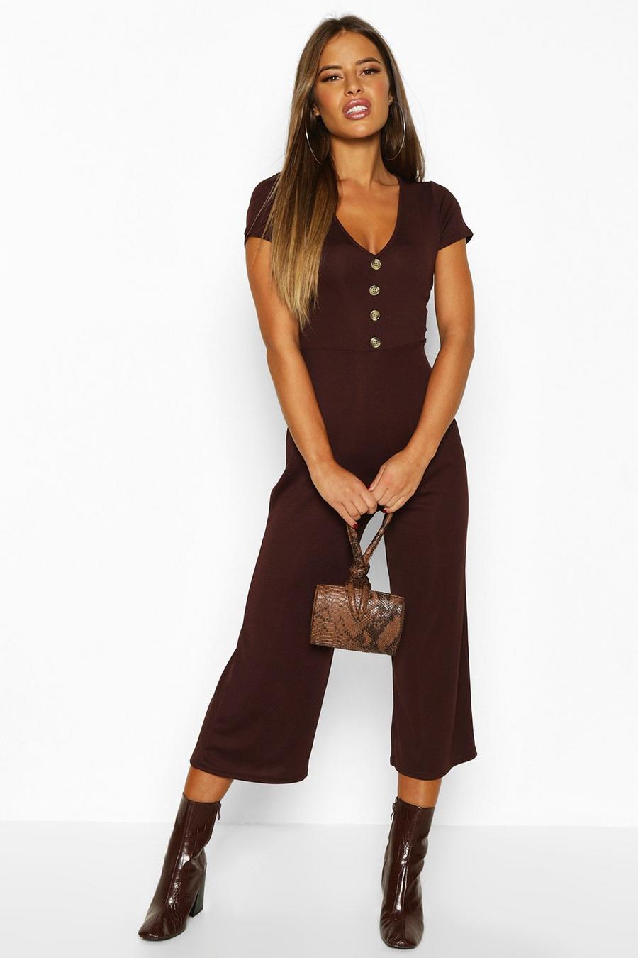 Chocolate Petite Rib Mock Horn Button Culotte Jumpsuit image number 1