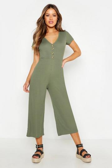 Petite Geribbelde Jumpsuit Met Knopen kaki