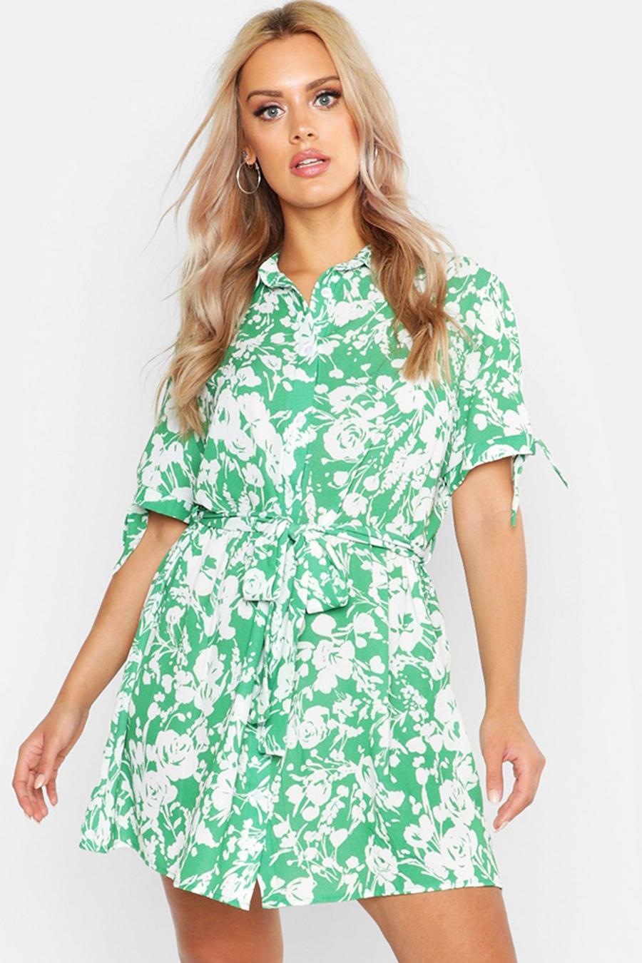 Plus Floral Print Woven Tie Waist Shirt Dress image number 1