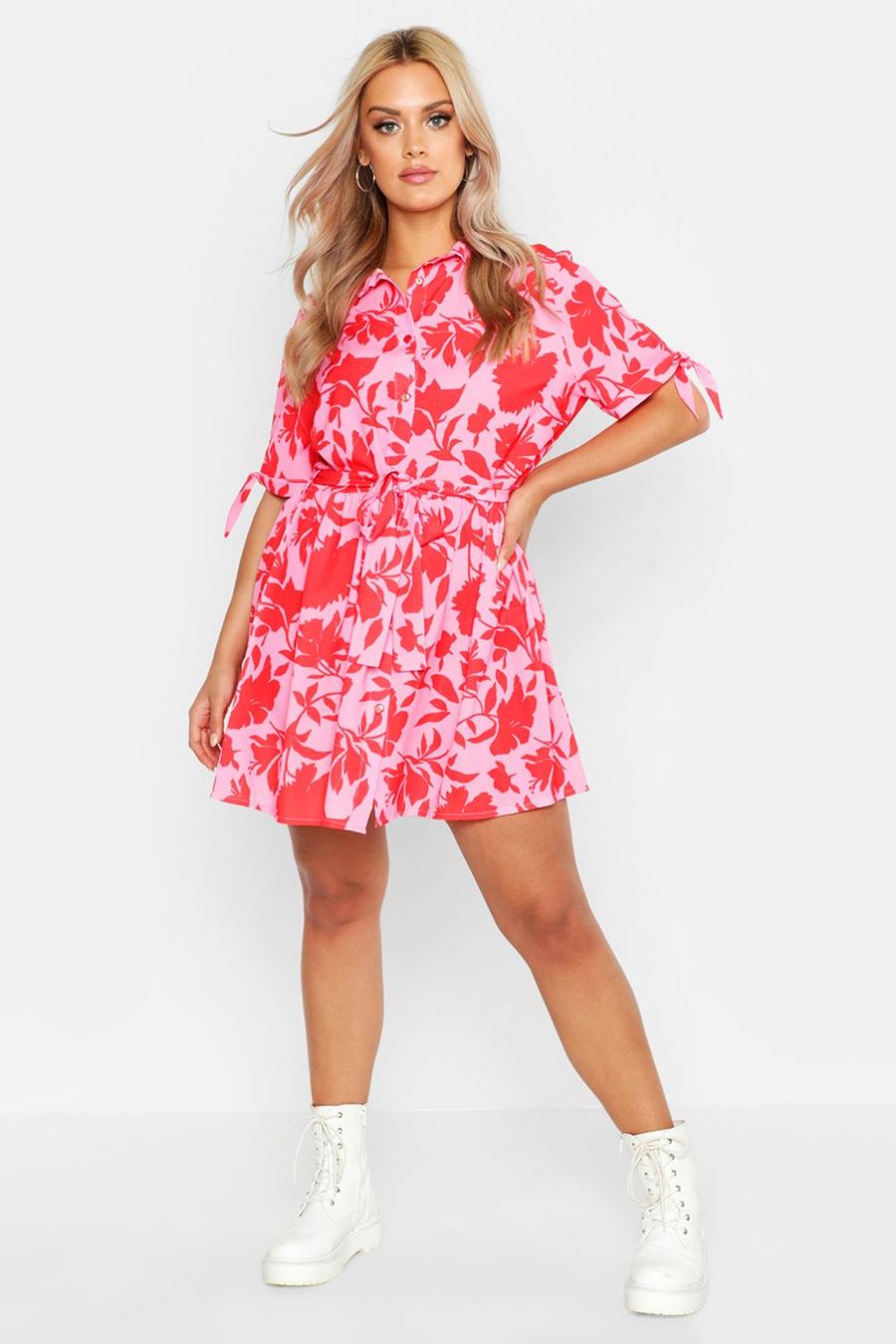 Pink rose Plus Floral Woven Tie Waist Shirt Dress image number 1