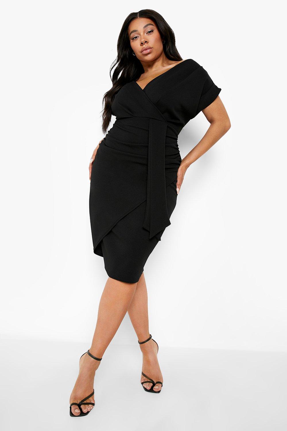 boohoo petite bardot wrap bodycon midi dress in black