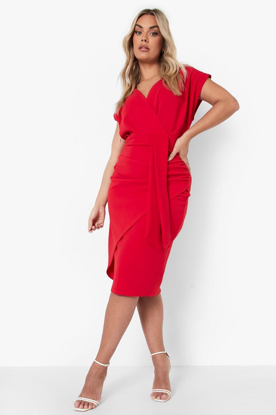 Red rojo Plus Bardot Wrap Front Belted Midi Dress