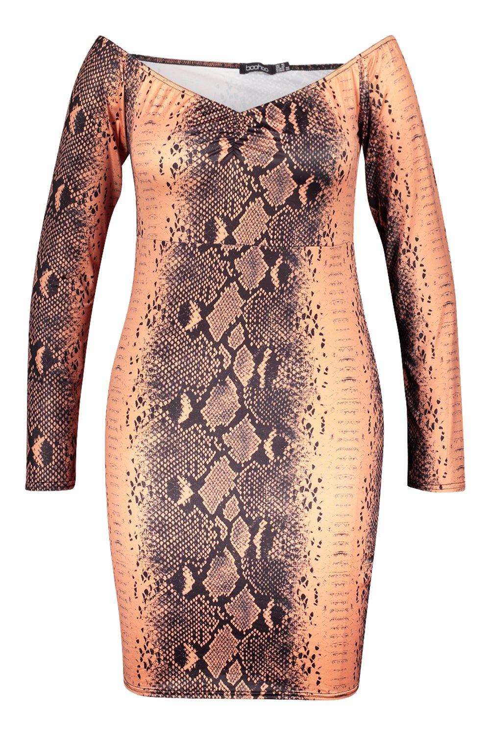 off the shoulder snake print dress